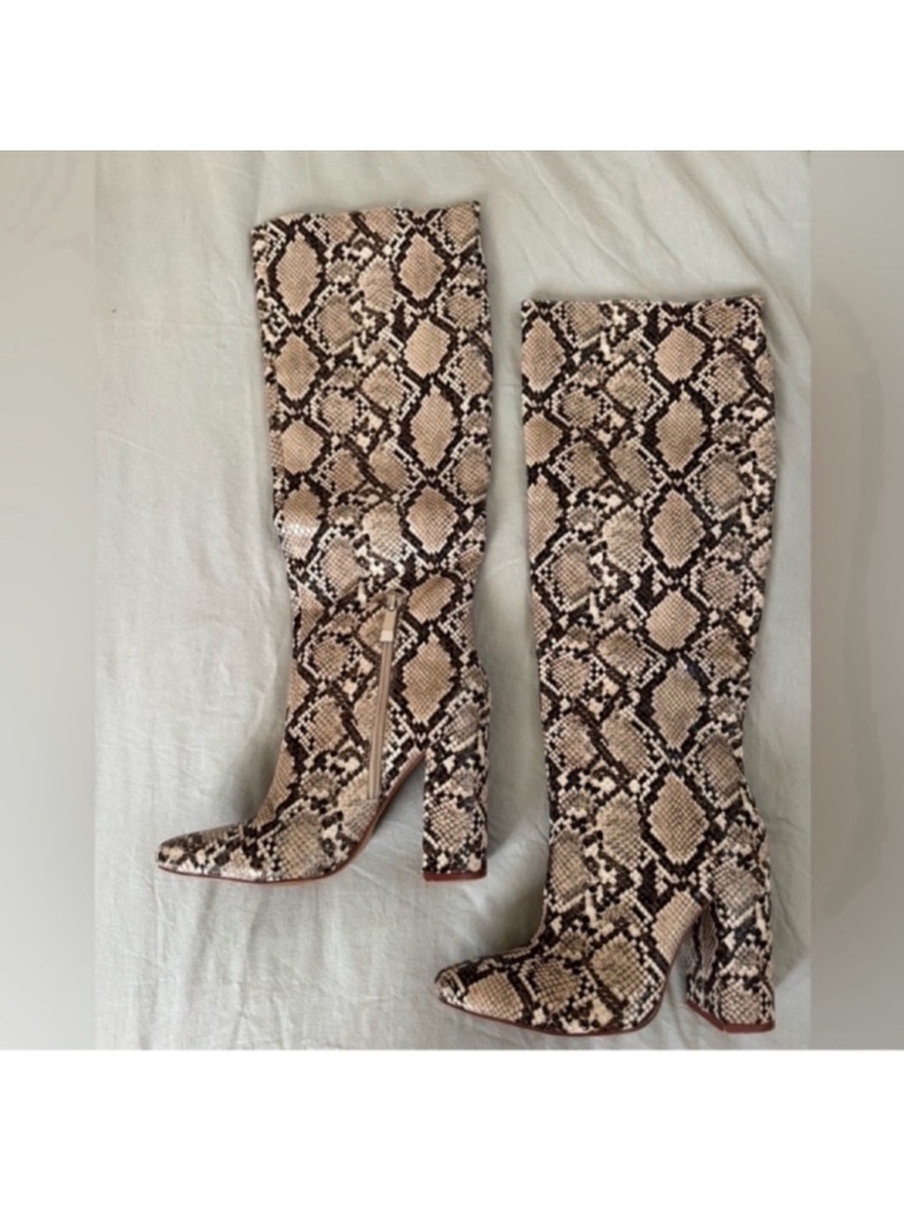 Zara Snake-Print Over-the-Knee Boots - Beige and Black